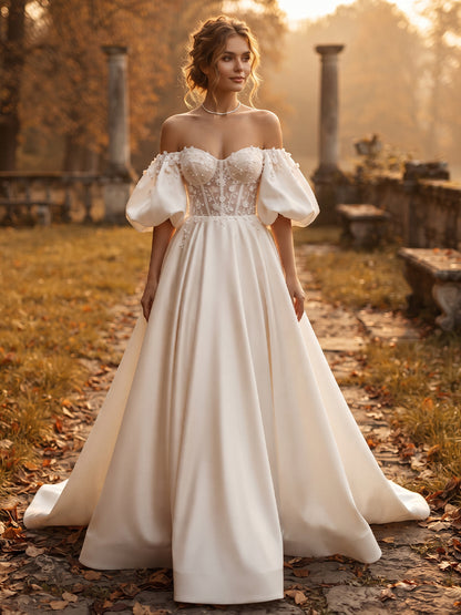 Satin Ball Gown Off-the-Shoulder Bridal Gowns Floor Length Corset Bodice Wedding Dresses