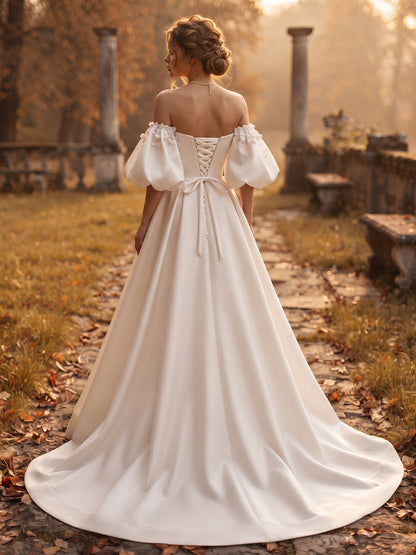 Satin Ball Gown Off-the-Shoulder Bridal Gowns Floor Length Corset Bodice Wedding Dresses