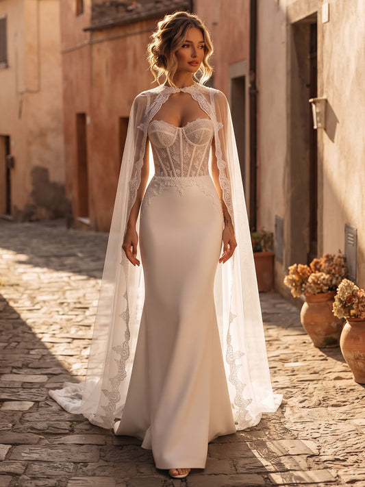 Satin Mermaid Sweetheart Bridal Gowns Floor Length Corset Bodice Wedding Dresses with Cape