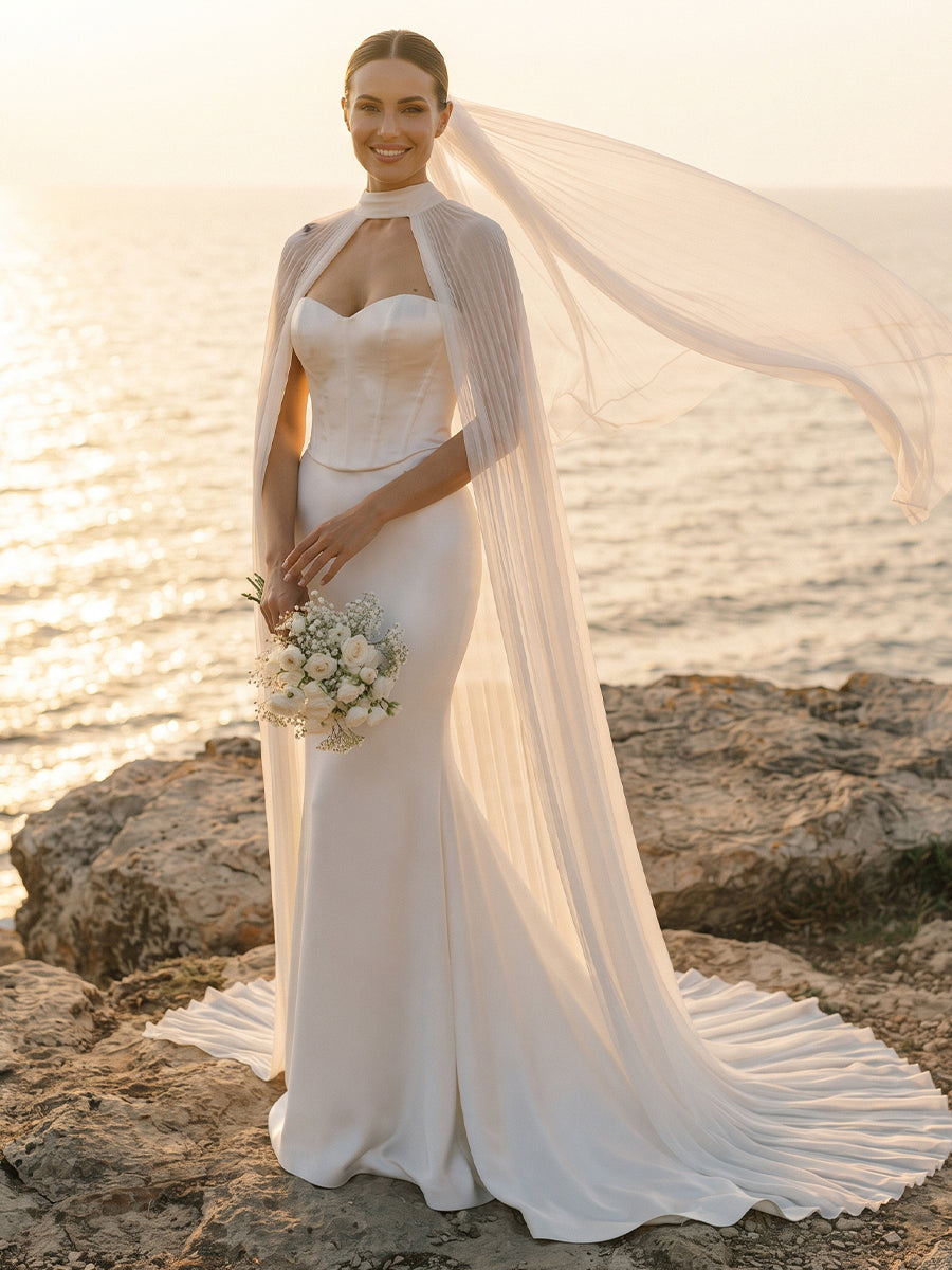 Satin Mermaid Sweetheart Bridal Gowns Floor Length Corset Bodice Wedding Dresses with Cape