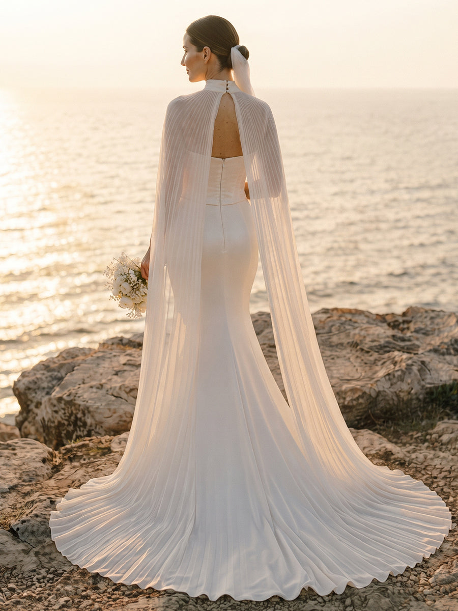 Satin Mermaid Sweetheart Bridal Gowns Floor Length Corset Bodice Wedding Dresses with Cape