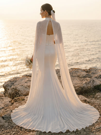 Satin Mermaid Sweetheart Bridal Gowns Floor Length Corset Bodice Wedding Dresses with Cape