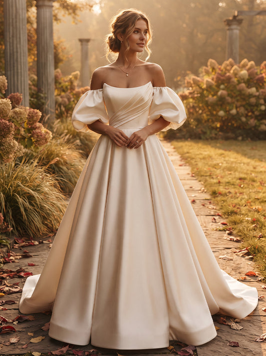 Satin Ball Gown Strapless Bridal Gowns Floor Length Ruched Wedding Dresses