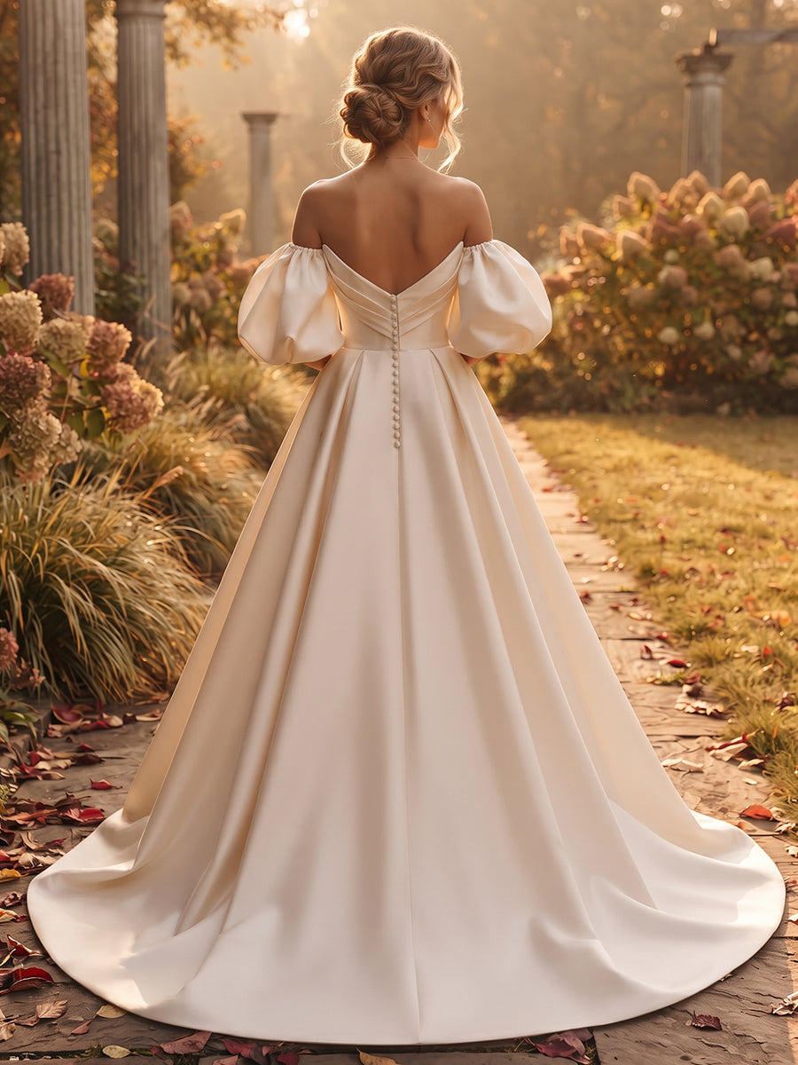 Satin Ball Gown Strapless Bridal Gowns Floor Length Ruched Wedding Dresses