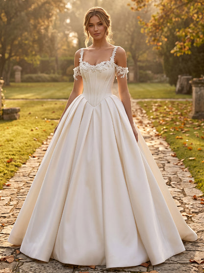 Satin Ball Gown Spaghetti Straps Bridal Gowns Floor Length Corset Bodice Wedding Dresses
