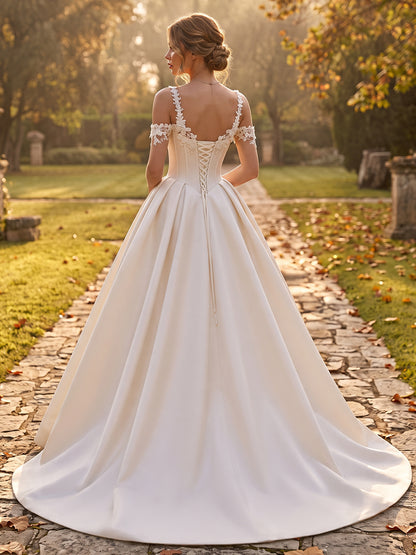 Satin Ball Gown Spaghetti Straps Bridal Gowns Floor Length Corset Bodice Wedding Dresses