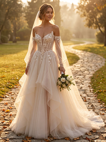 Tulle Ball Gown Off-the-Shoulder Bridal Gowns Floor Length Corset Bodice Wedding Dresses