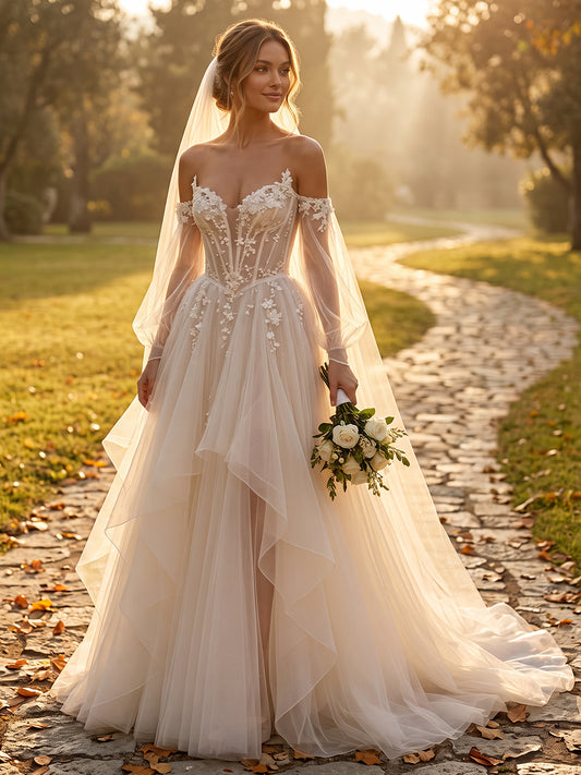 Tulle Ball Gown Off-the-Shoulder Bridal Gowns Floor Length Corset Bodice Wedding Dresses