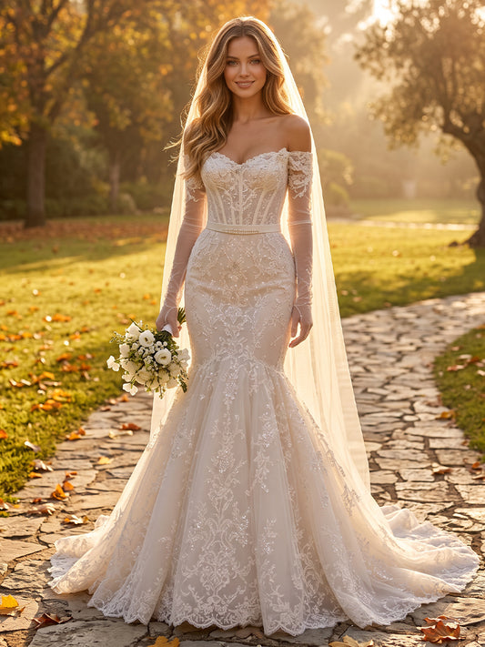 Tulle Mermaid Off-the-Shoulder Bridal Gowns Floor Length Corset Bodice Wedding Dresses