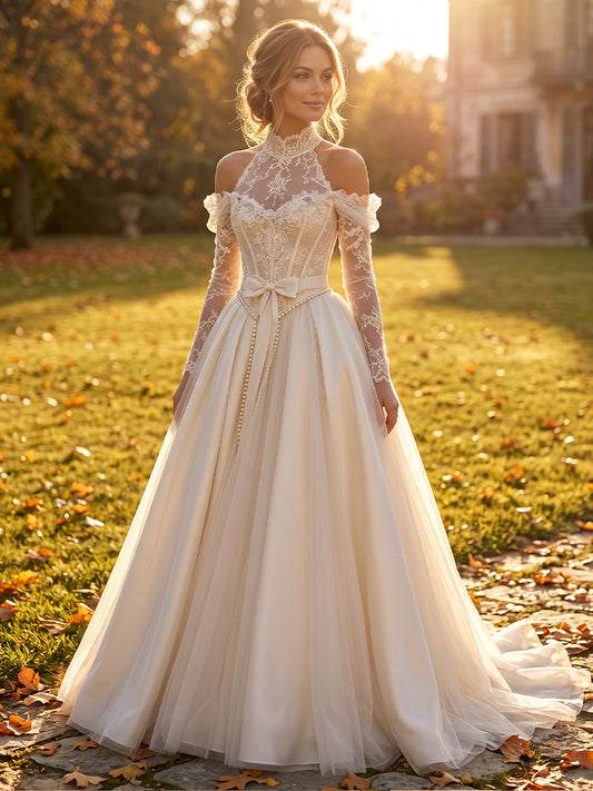 Tulle A-Line Halter Bridal Gowns Floor Length Corset Bodice Wedding Dresses
