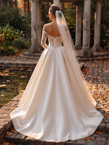 Satin Ball Gown Off-the-Shoulder Bridal Gowns Floor Length Corset Bodice Wedding Dresses