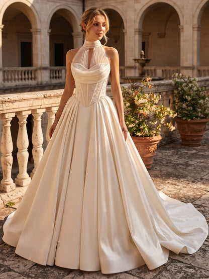 Satin Ball Gown Halter Bridal Gowns Floor Length Corset Bodice Wedding Dresses