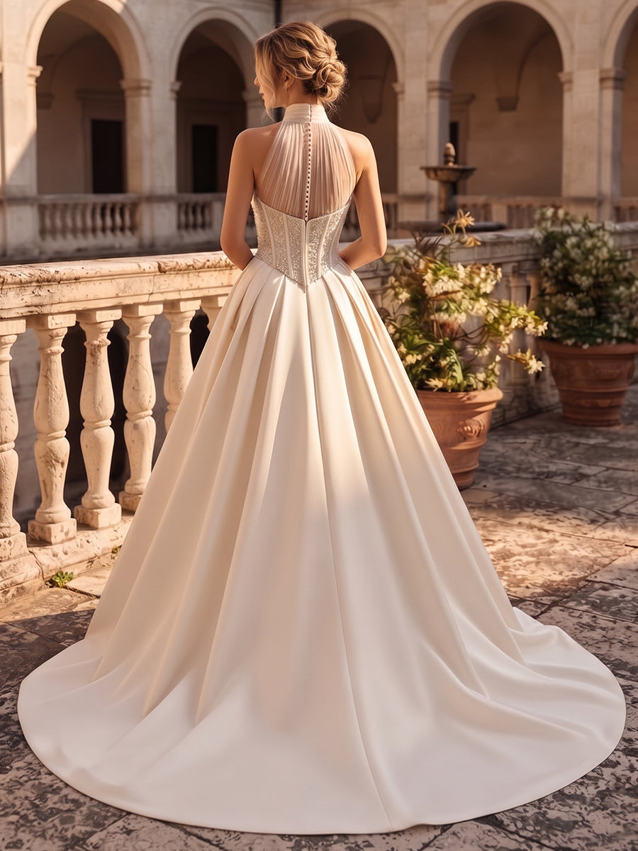 Satin Ball Gown Halter Bridal Gowns Floor Length Corset Bodice Wedding Dresses