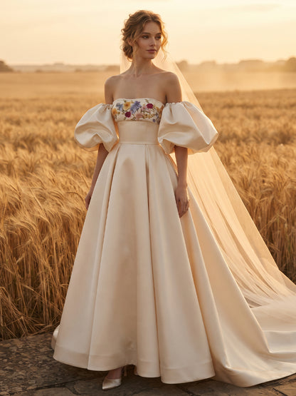 Satin Ball Gown Strapless Bridal Gowns Floor Length Floral Embroidery Wedding Dresses