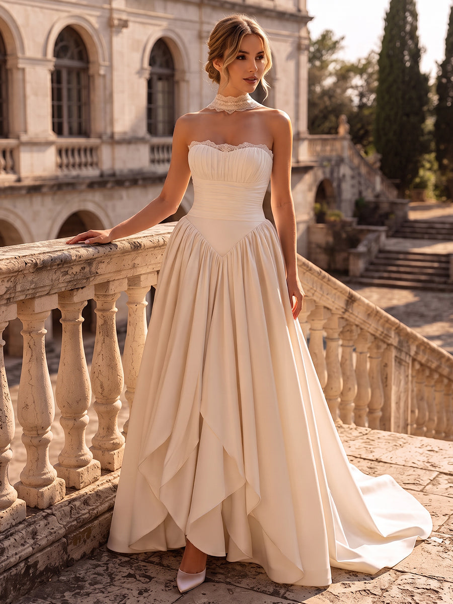 Satin A-Line Strapless Bridal Gowns Floor Length Ruched Wedding Dresses