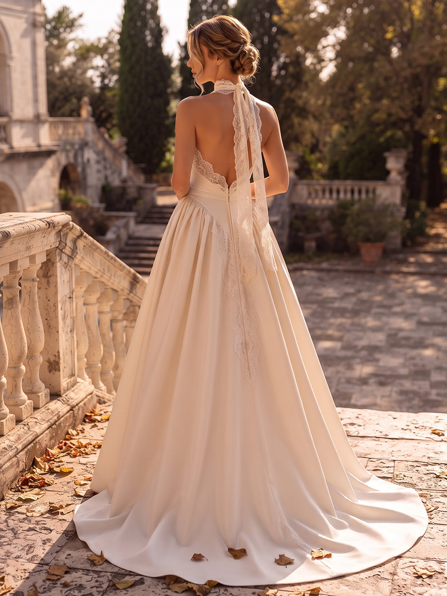 Satin A-Line Strapless Bridal Gowns Floor Length Ruched Wedding Dresses