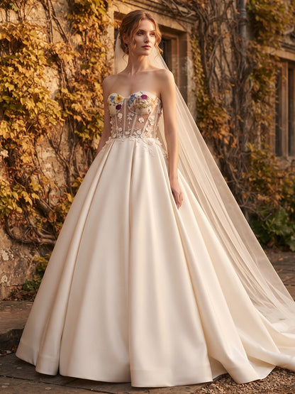 Satin Ball Gown Strapless Bridal Gowns Floor Length Corset Bodice Wedding Dresses