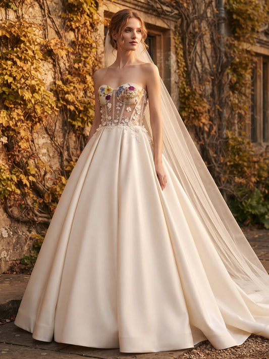 Satin Ball Gown Strapless Bridal Gowns Floor Length Corset Bodice Wedding Dresses