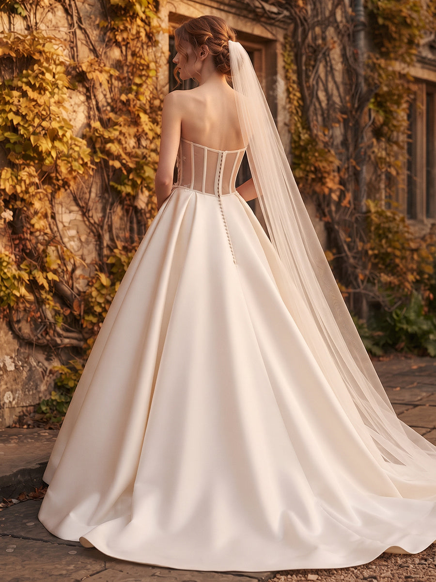Satin Ball Gown Strapless Bridal Gowns Floor Length Corset Bodice Wedding Dresses