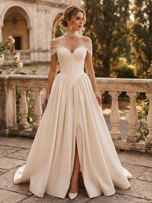 Satin Ball Gown Off-the-Shoulder Bridal Gowns Floor Length Corset Bodice Wedding Dresses with Slit