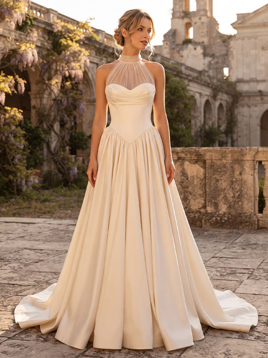Satin A-Line Halter Bridal Gowns Floor Length Ruched Wedding Dresses