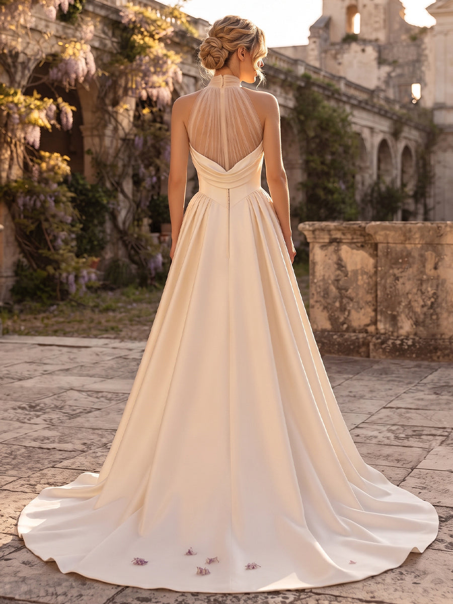 Satin A-Line Halter Bridal Gowns Floor Length Ruched Wedding Dresses
