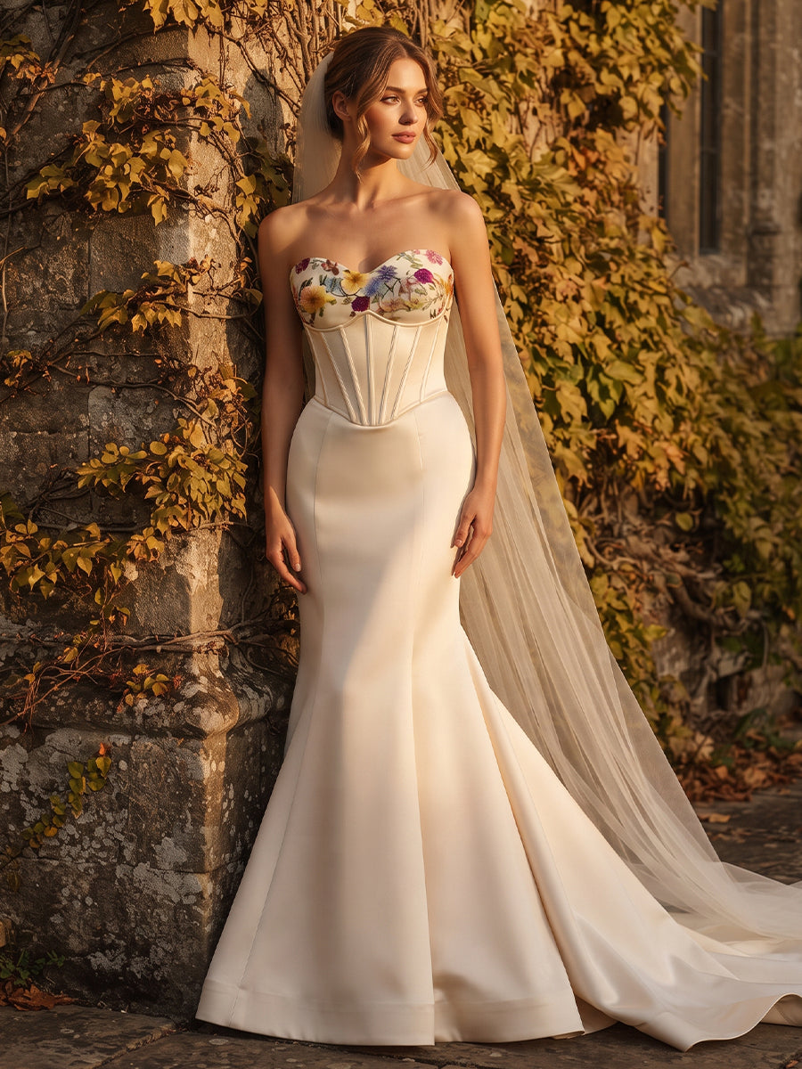 Satin Mermaid Strapless Bridal Gowns Floor Length Corset Bodice Wedding Dresses