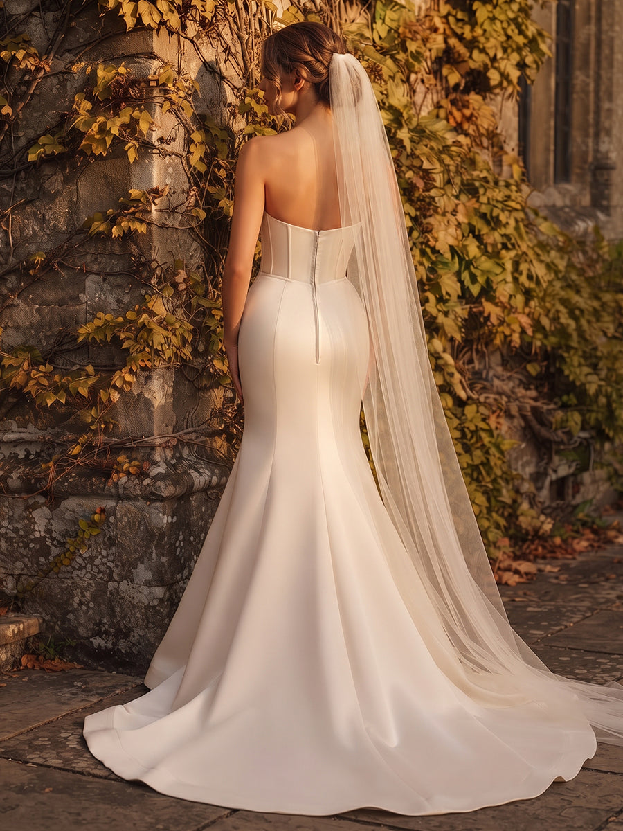 Satin Mermaid Strapless Bridal Gowns Floor Length Corset Bodice Wedding Dresses