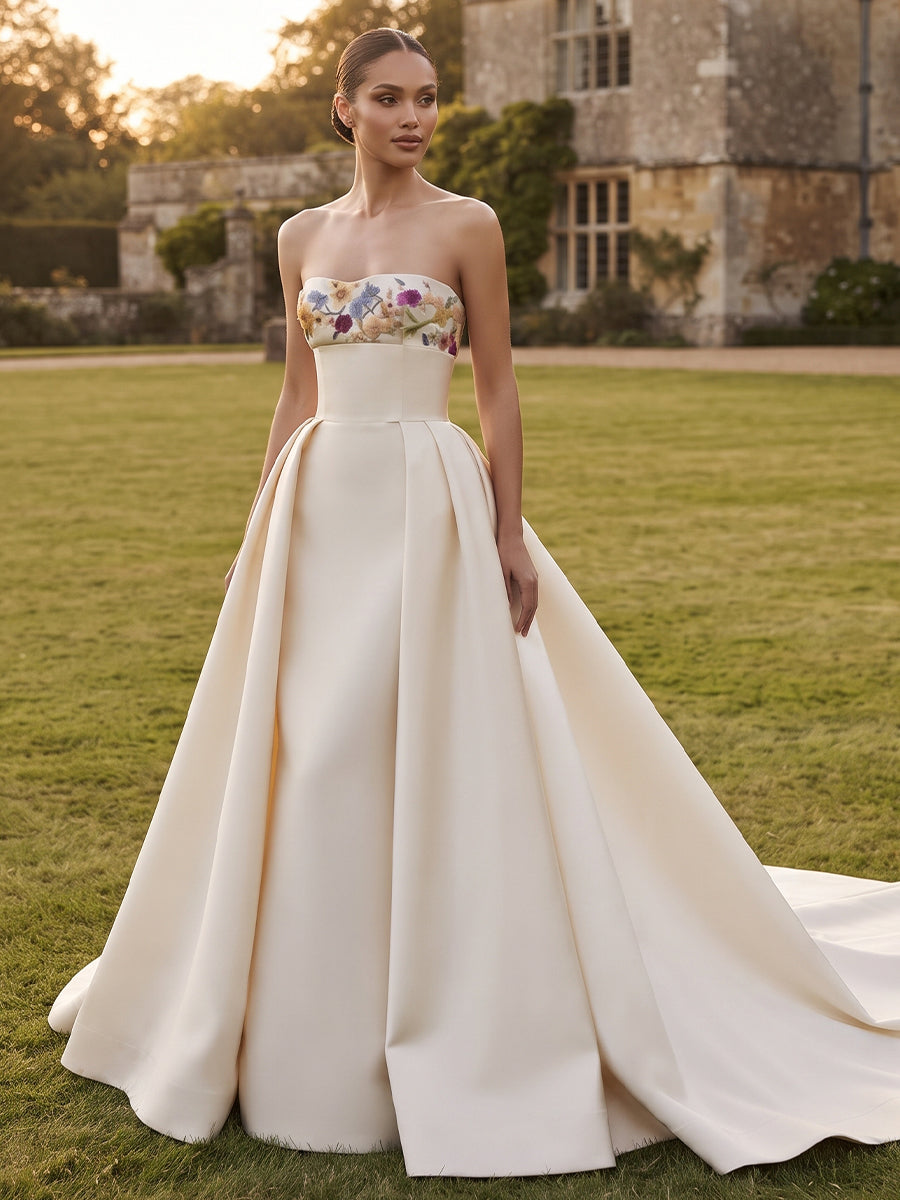 Satin Ball Gown Strapless Bridal Gowns Floor Length Floral Embroidery Wedding Dresses