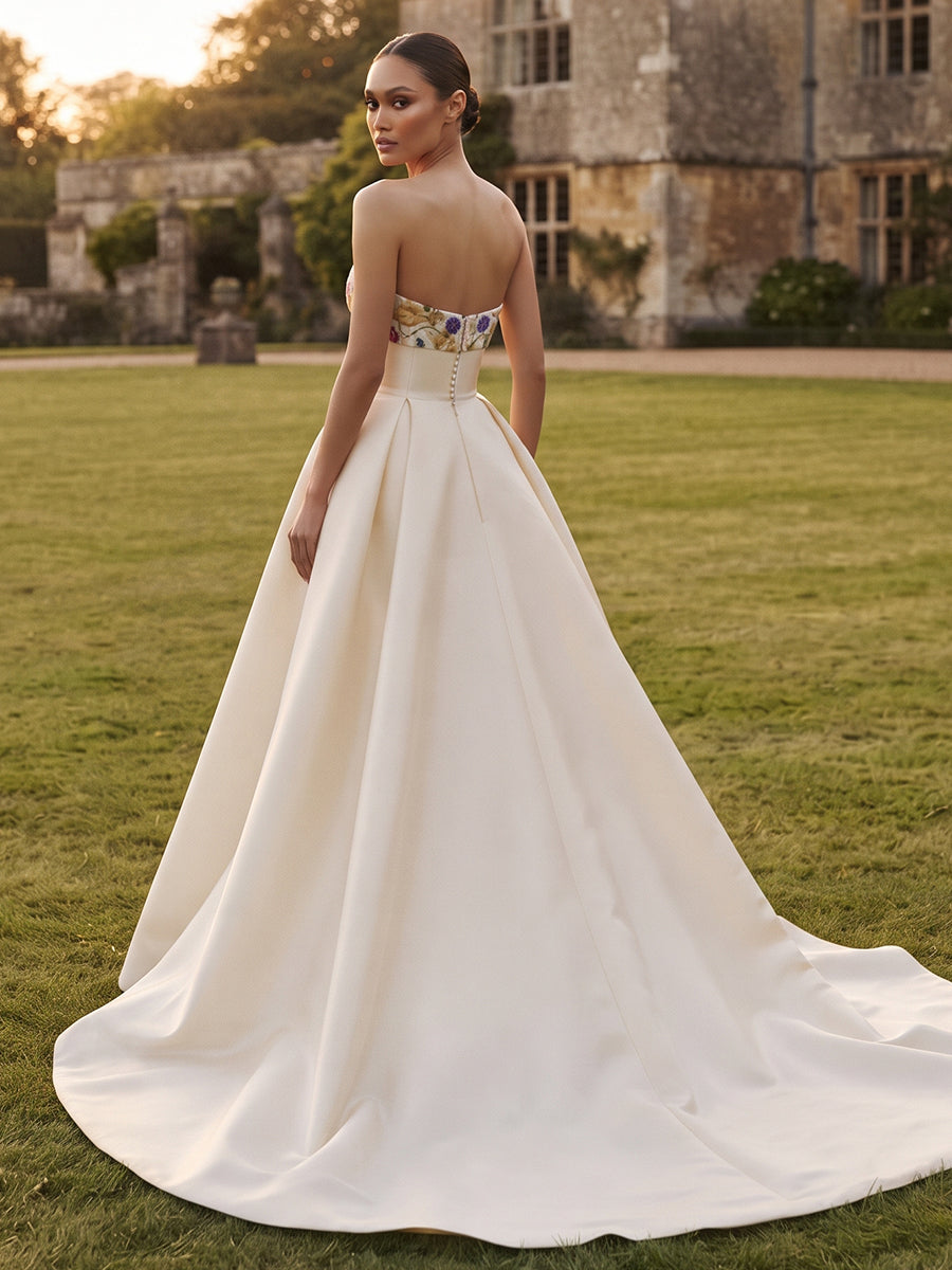 Satin Ball Gown Strapless Bridal Gowns Floor Length Floral Embroidery Wedding Dresses
