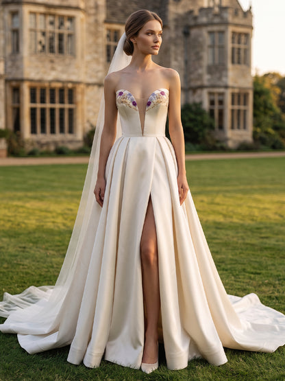 Satin A-Line V-Neck Bridal Gowns Floor Length Floral Embroidery Wedding Dresses with Slit