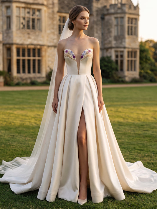 Satin A-Line V-Neck Bridal Gowns Floor Length Floral Embroidery Wedding Dresses with Slit