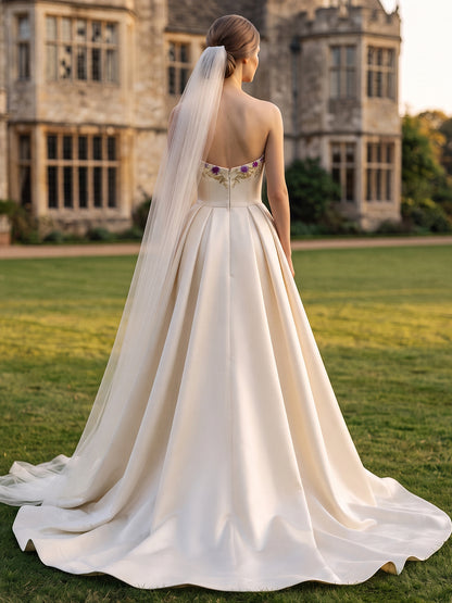 Satin A-Line V-Neck Bridal Gowns Floor Length Floral Embroidery Wedding Dresses with Slit
