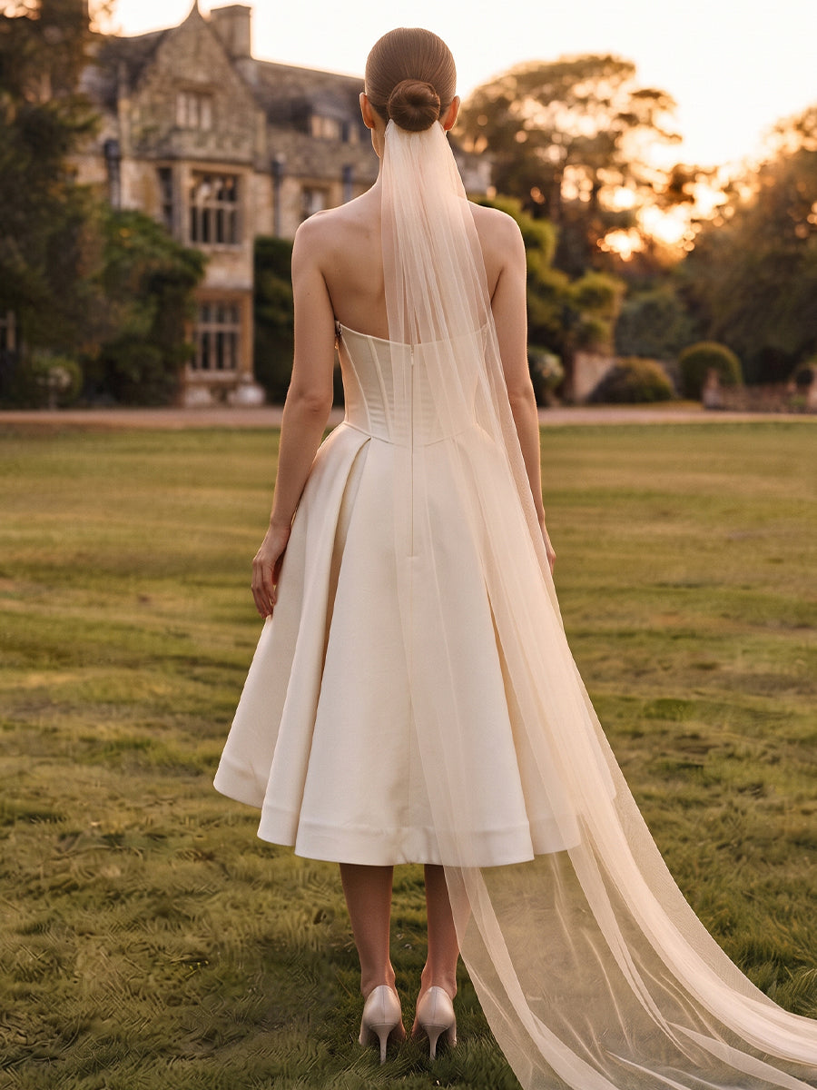 Satin A-Line Sweetheart Bridal Gowns Tea Length Floral Embroidery Wedding Dresses