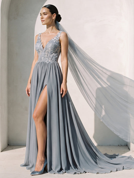 Chiffon A-Line V-Neck Bridal Gowns Floor Length Lace Appliques Wedding Dresses