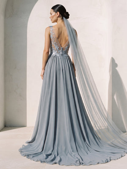 Chiffon A-Line V-Neck Bridal Gowns Floor Length Lace Appliques Wedding Dresses
