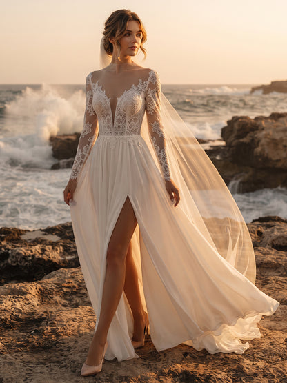 Lace A-Line V-Neck Bridal Gowns Floor Length Lace Appliques Wedding Dresses