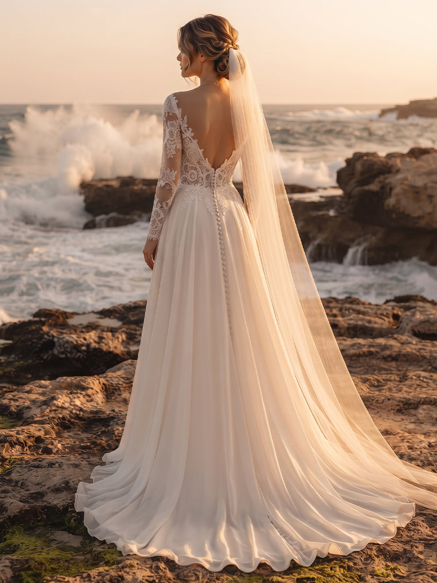 Lace A-Line V-Neck Bridal Gowns Floor Length Lace Appliques Wedding Dresses