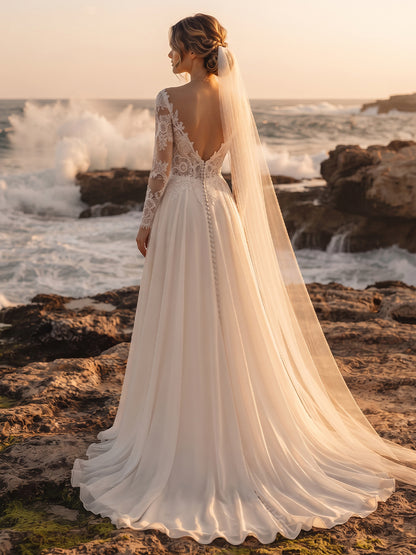 Lace A-Line V-Neck Bridal Gowns Floor Length Lace Appliques Wedding Dresses