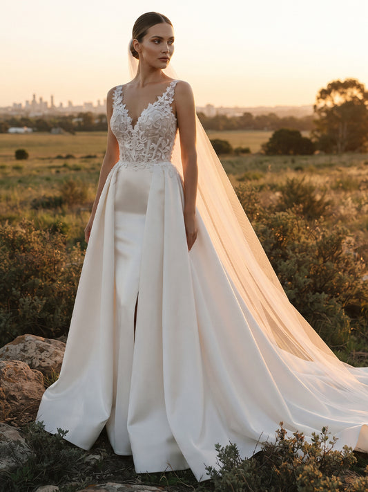 Satin Ball Gown V-Neck Bridal Gowns Floor Length Lace Appliques Wedding Dresses