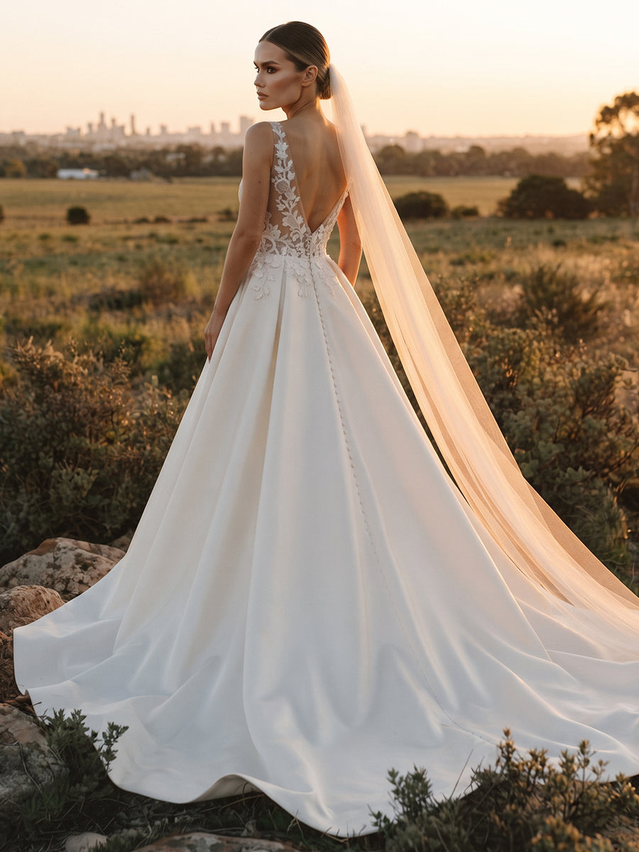Satin Ball Gown V-Neck Bridal Gowns Floor Length Lace Appliques Wedding Dresses