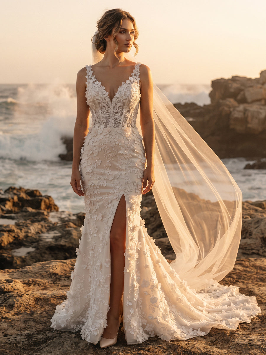 Tulle Mermaid V-Neck Bridal Gowns Floor Length 3D Floral Applique Wedding Dresses with Slit