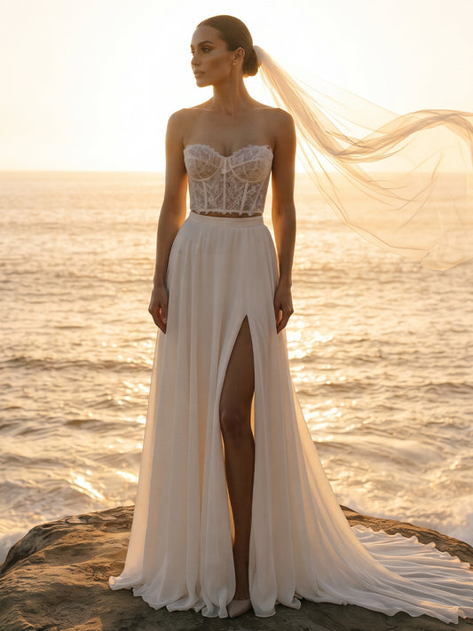 Two Piece Chiffon A-Line Strapless Bridal Gowns Floor Length Corset Bodice Wedding Dresses
