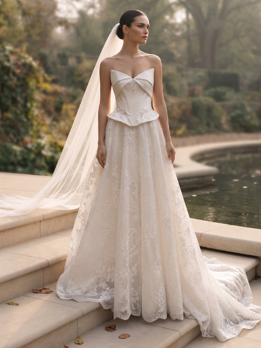 Lace A-Line Strapless Bridal Gowns Floor Length Corset Bodice Wedding Dresses