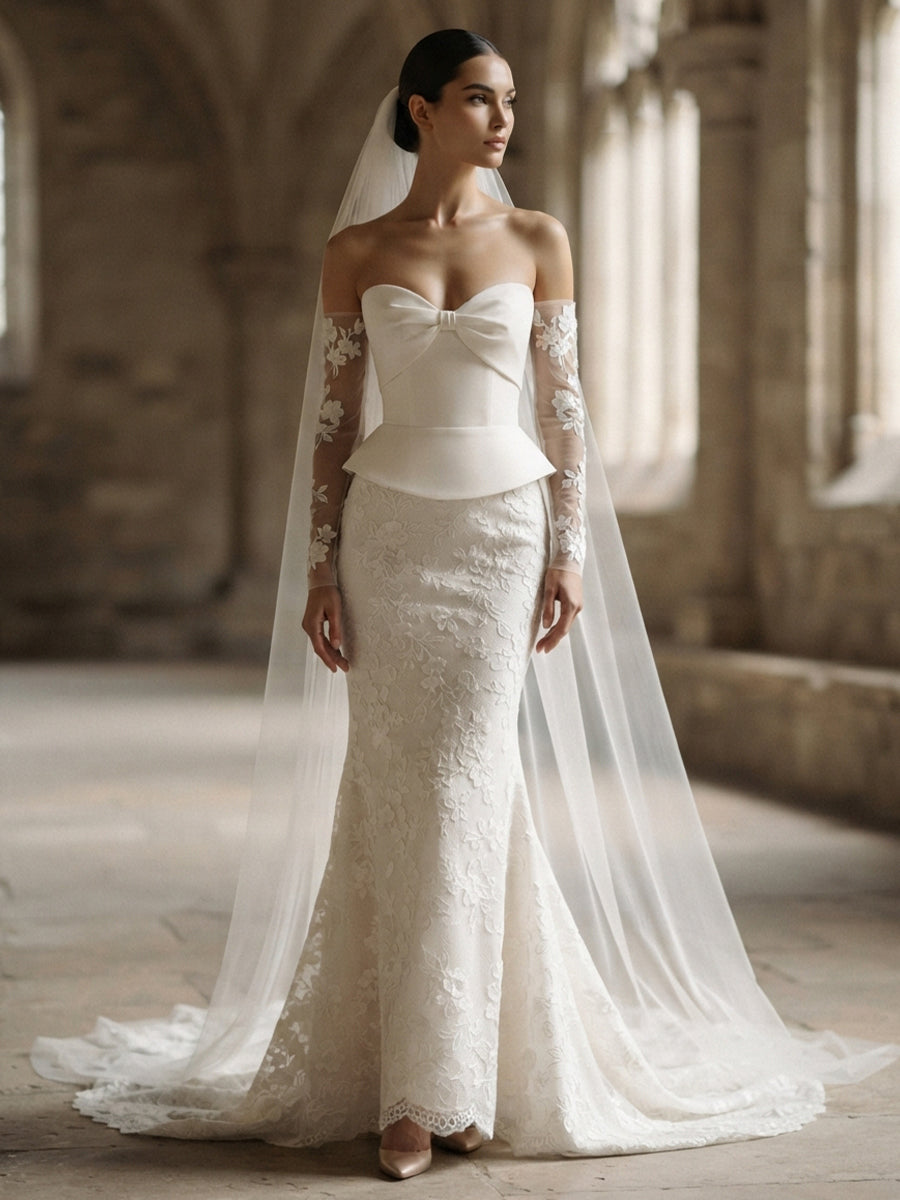Lace Mermaid Strapless Bridal Gowns Floor Length Lace Appliques Wedding Dresses