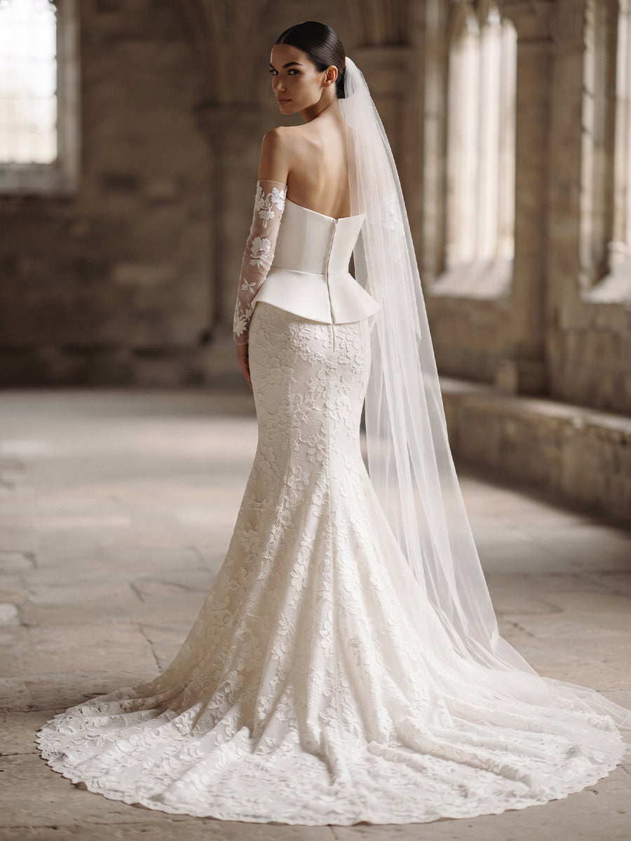 Lace Mermaid Strapless Bridal Gowns Floor Length Lace Appliques Wedding Dresses