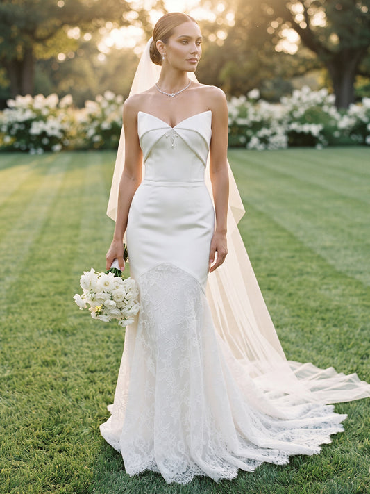 Satin Mermaid Strapless Bridal Gowns Floor Length Lace Wedding Dresses