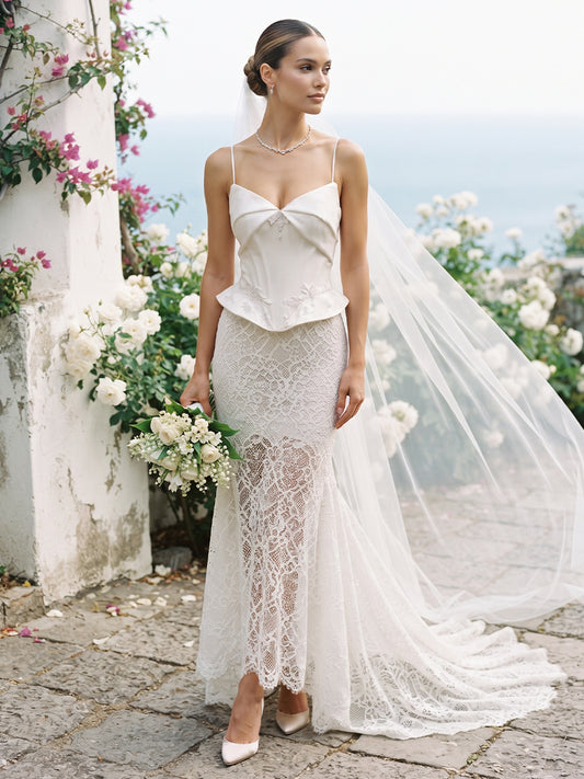 Lace Mermaid Spaghetti Straps Bridal Gowns Floor Length Lace Appliques Wedding Dresses