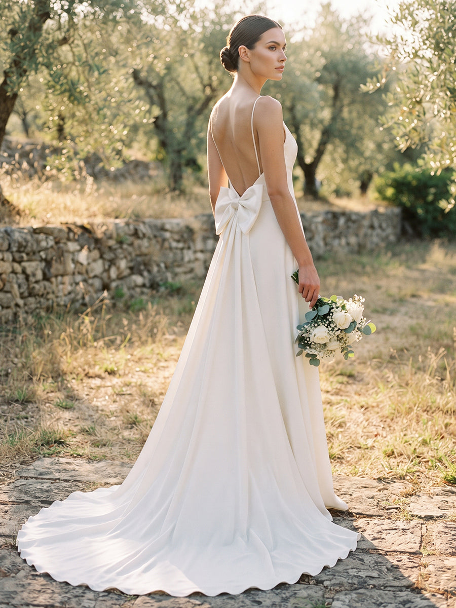 Satin A-Line Spaghetti Straps Bridal Gowns Floor Length Bow Sash Wedding Dresses