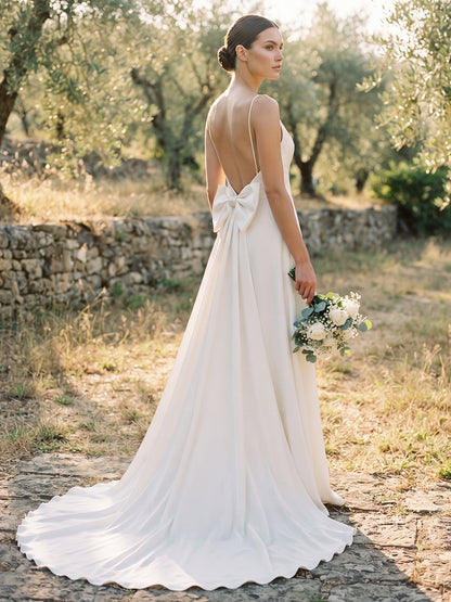 Satin A-Line Spaghetti Straps Bridal Gowns Floor Length Bow Sash Wedding Dresses
